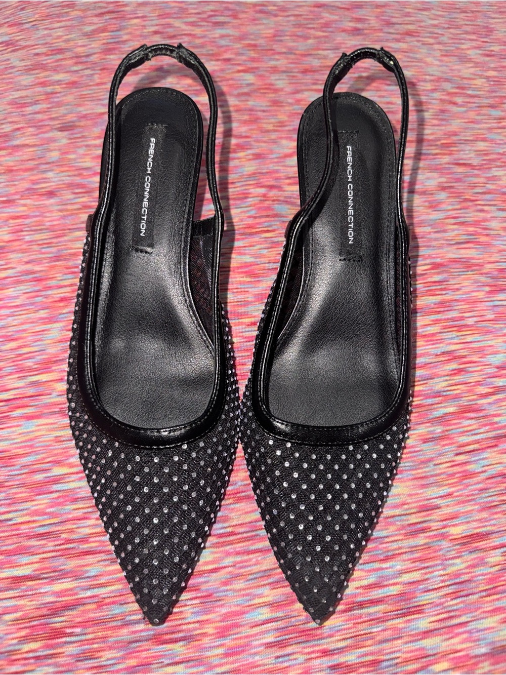 French Connection Black Pointed Slingback Flats with Silver Stud Detail